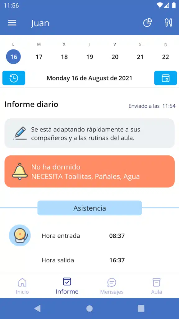 Interfaz de la aplicación Kidfy para el seguimiento diario de los alumnos en CEI Caracola.