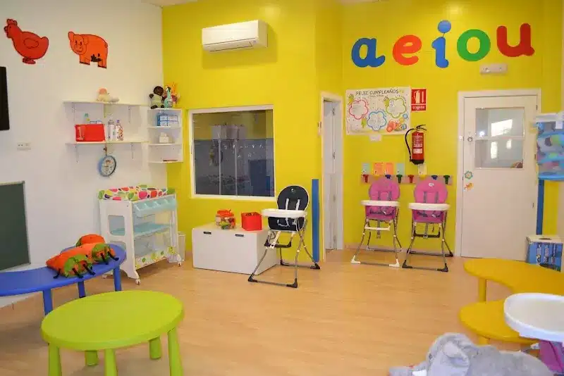 Vista general de aula infantil en CEI Caracola, guardería en Utrera con tronas, cambiador y zona de juegos.