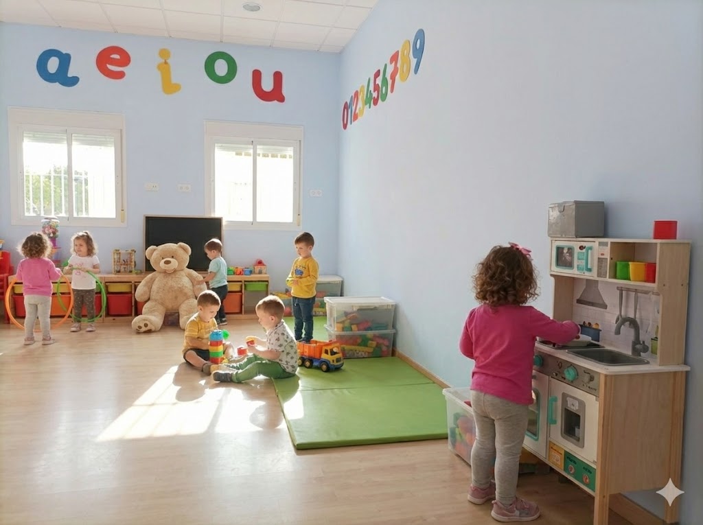 Niños pequeños jugando en el aula de psicomotricidad y juego simbólico de CEI Caracola. Se ven niños con una cocinita de madera, aros y juguetes de construcción. Niños en el área de juego simbólico.