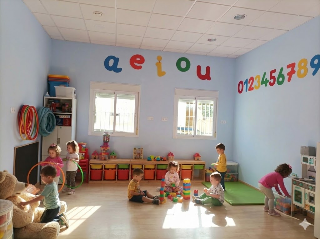 Amplia y luminosa aula de educación infantil en CEI Caracola, con niños pequeños realizando actividades de juego libre y motricidad con aros y bloques. Instalaciones de Centro de educación infantil 0-3 años en Utrera
