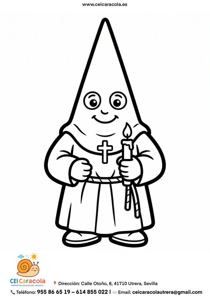 Dibujo para niños de un nazareno de frente con cirio, Semana Santa Sevilla.