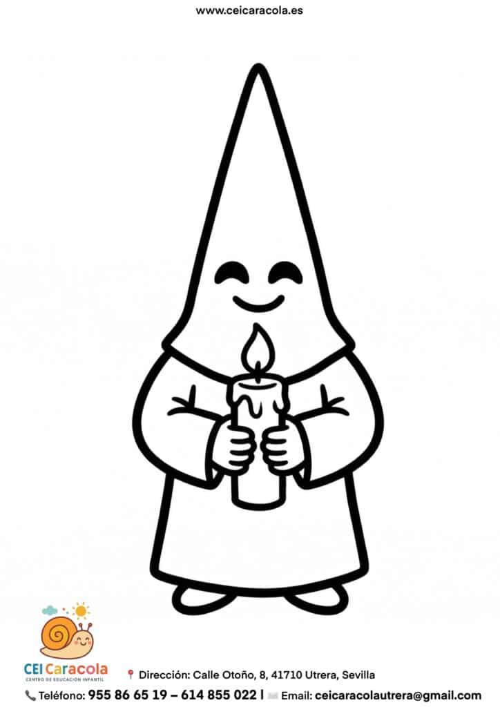 nazareno de frente con vela, Semana Santa Sevilla. Dibujo Semana Santa colorear en familia