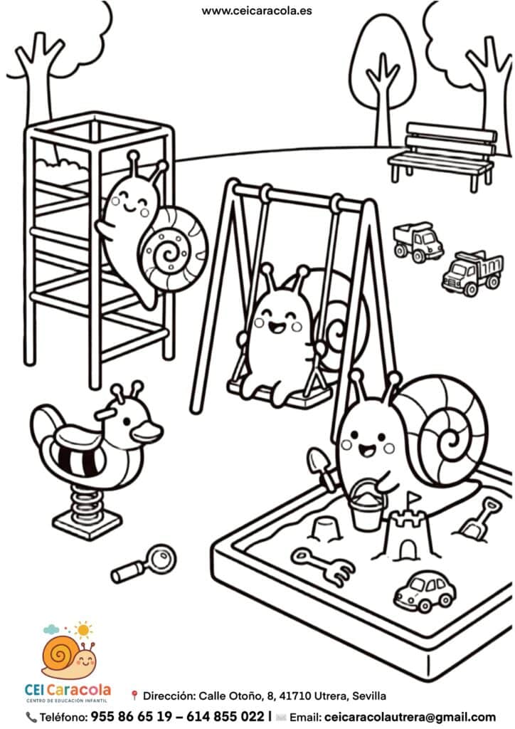 muestra de dibujo para colorear de rutina infantil jugando en el parque