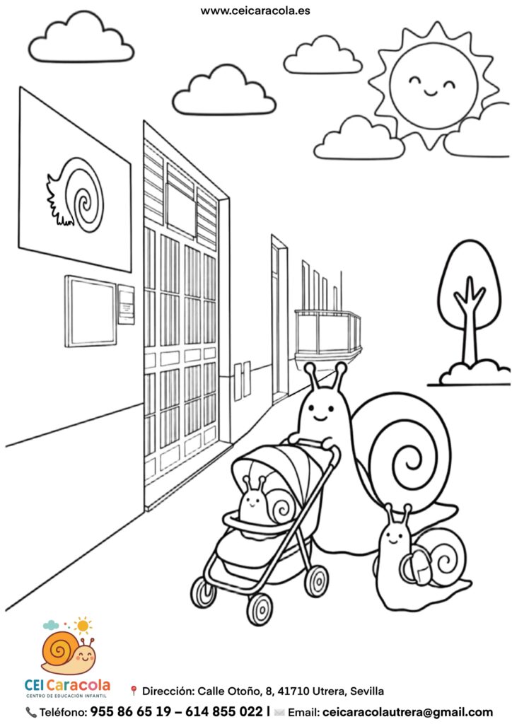 Muestra del dibujo para colorear imprimible llegando al aula