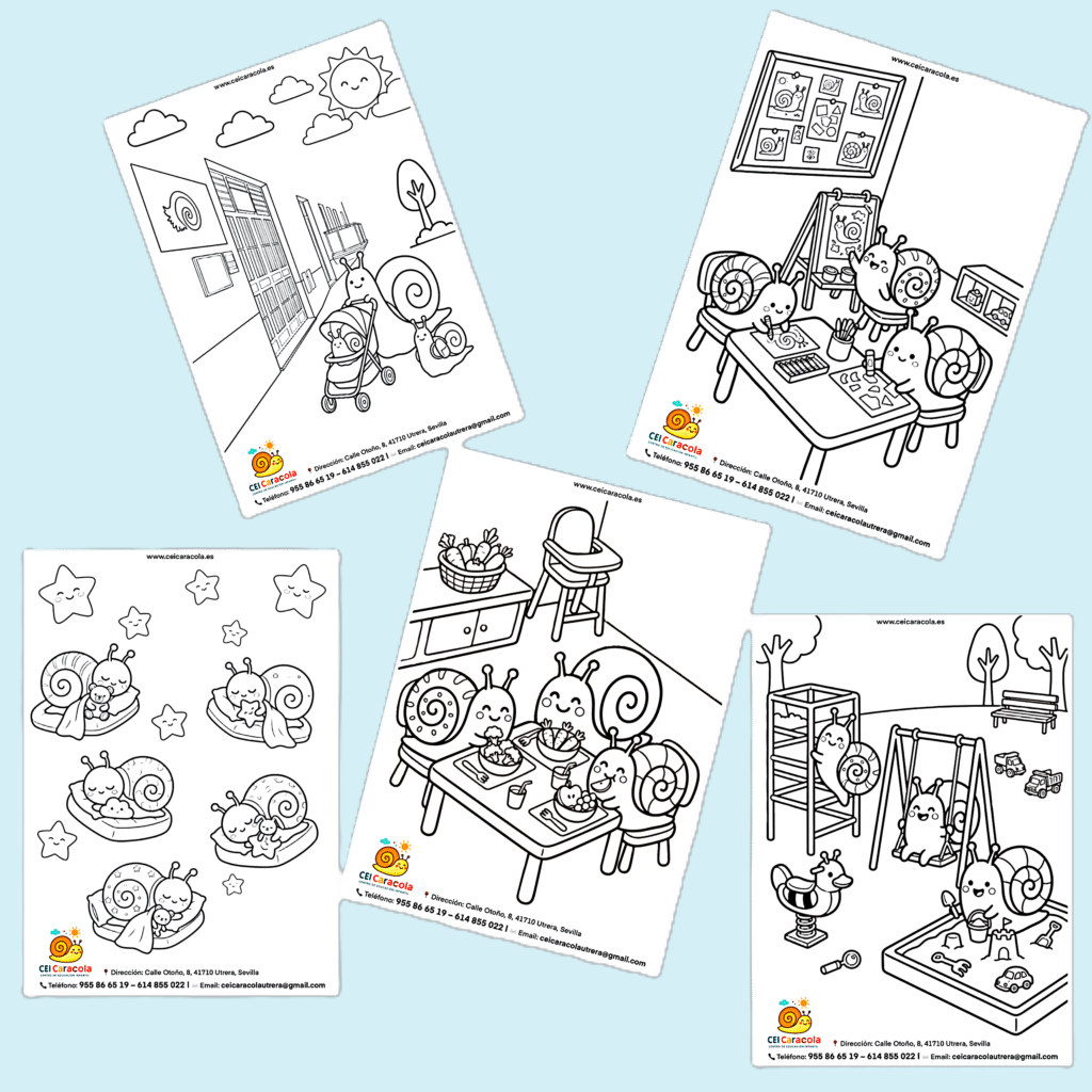 Collage para mostrar los dibujos para colorear infantiles de las rutinas en el aula