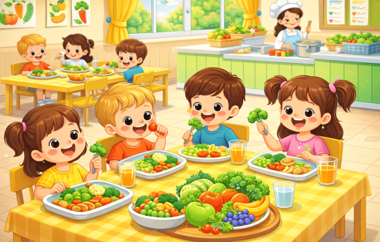 Comedor infantil en Utrera con niños pequeños disfrutando de comida saludable en un entorno cuidado y adaptado.